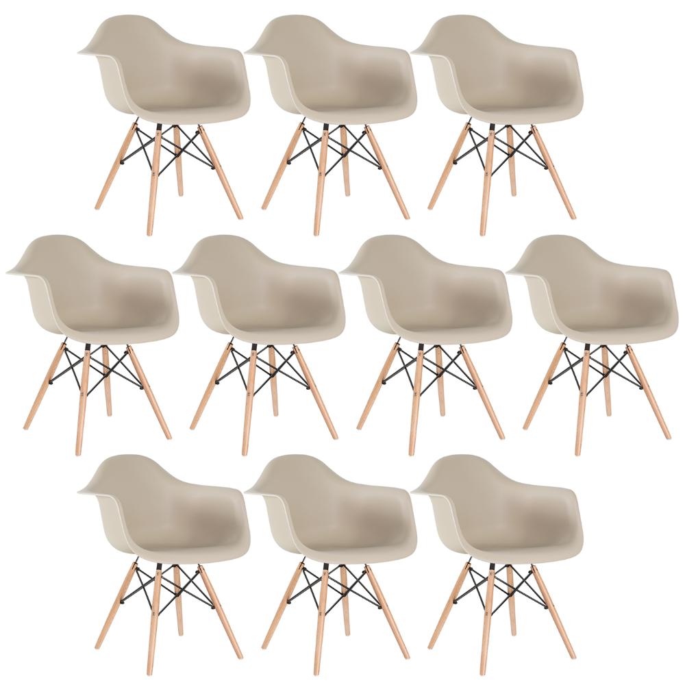 Kit - 10 X Cadeiras Charles Eames Eiffel Daw Com Braços - Base De Madeira Clara - Nude