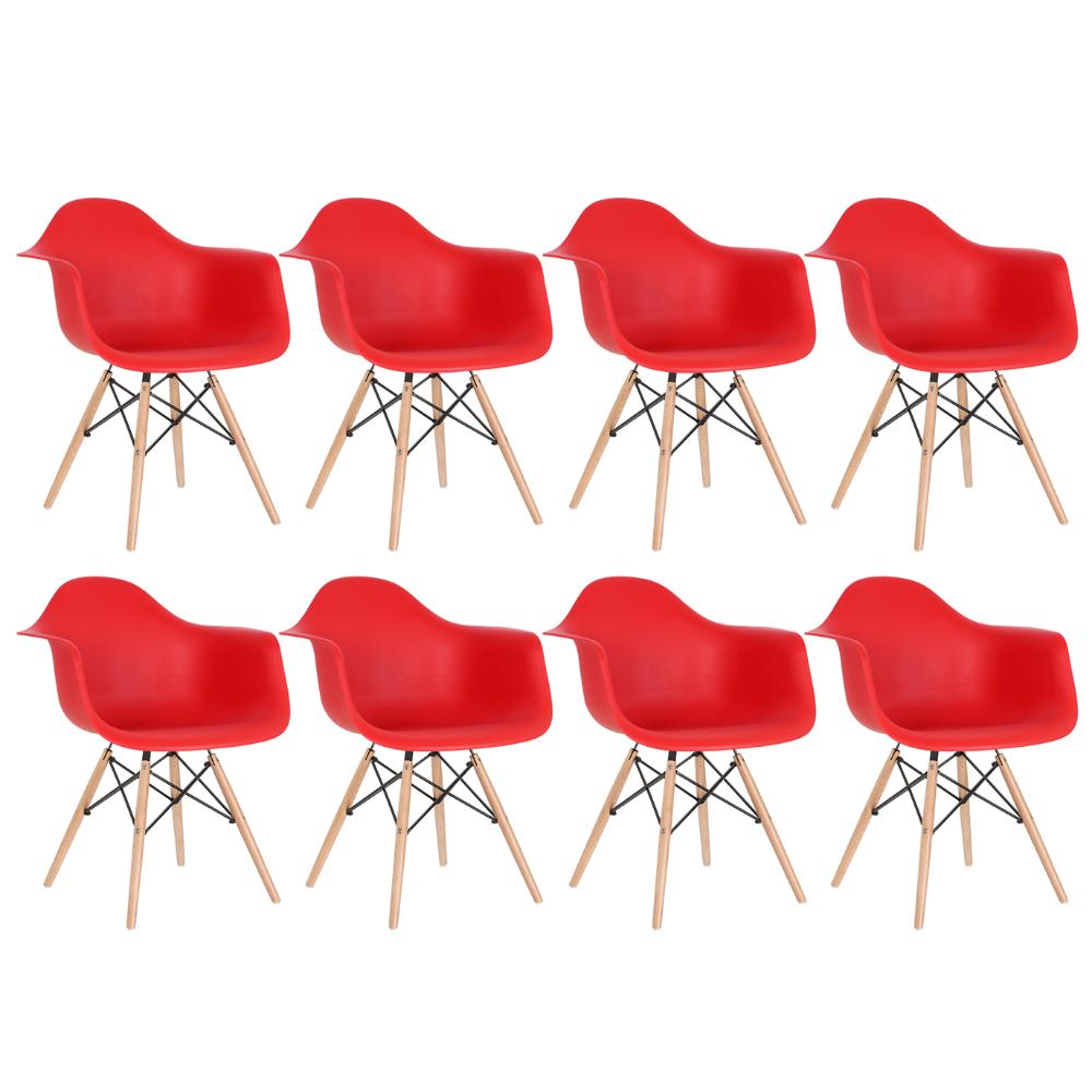 Kit - 8 X Cadeiras Charles Eames Eiffel Daw Com Braços - Base De Madeira Clara - Vermelho