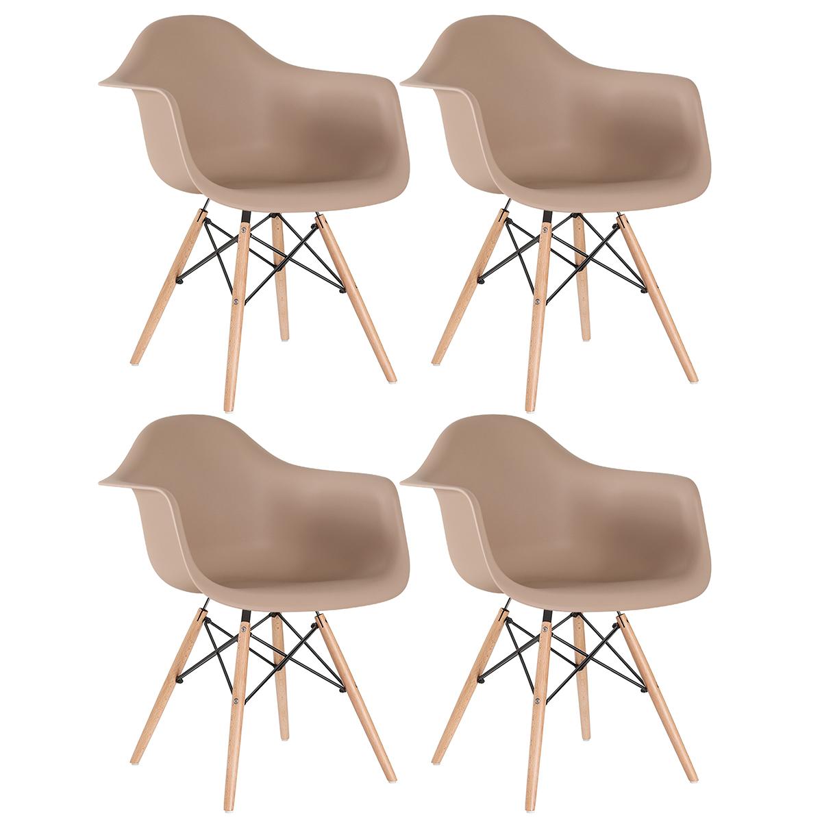 Kit - 4 X Cadeiras Charles Eames Eiffel Daw Com Braços - Base De Madeira Clara - Marrom Café