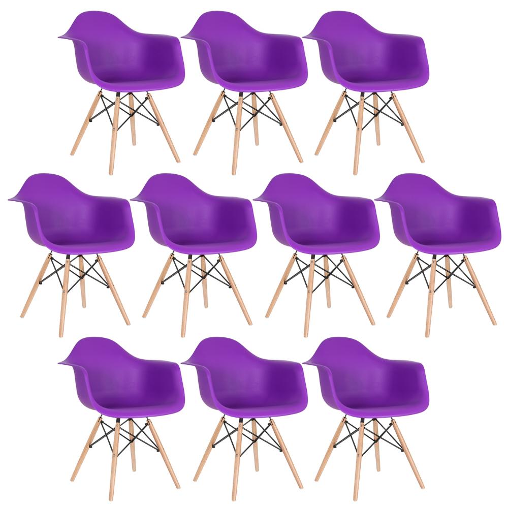 Kit - 10 X Cadeiras Charles Eames Eiffel Daw Com Braços - Base De Madeira Clara - Roxo