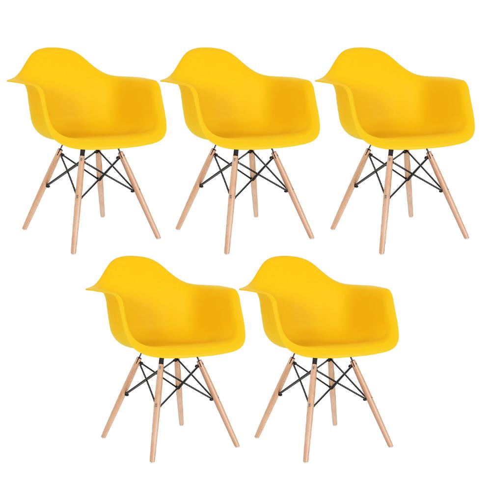 Kit - 5 X Cadeiras Charles Eames Eiffel Daw Com Braços - Base De Madeira Clara - Amarelo