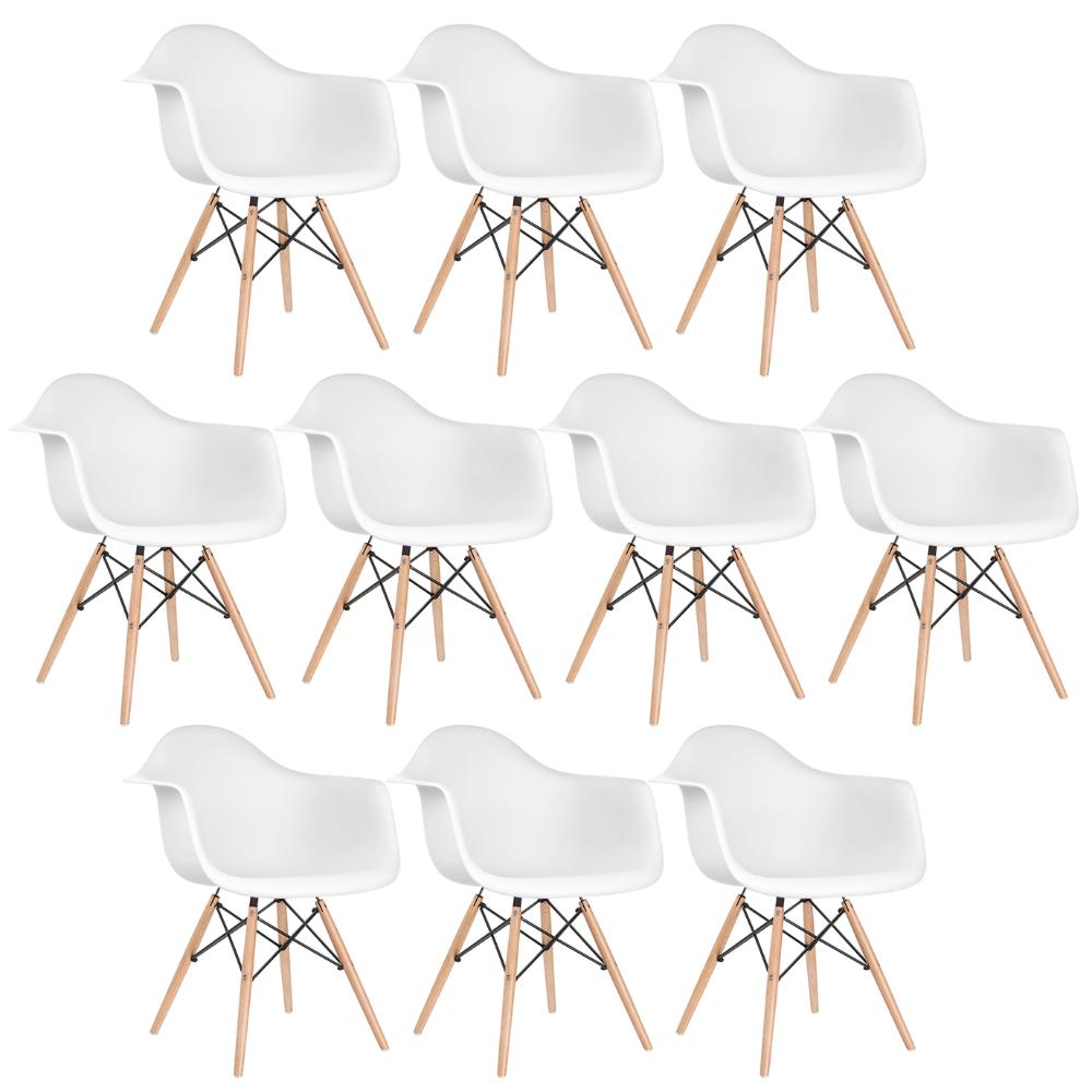 Kit - 10 X Cadeiras Charles Eames Eiffel Daw Com Braços - Base De Madeira Clara - Branco