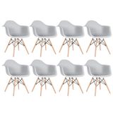 Kit - 8 X Cadeiras Charles Eames Eiffel Daw Com Braços - Base De Madeira Clara - Cinza Claro