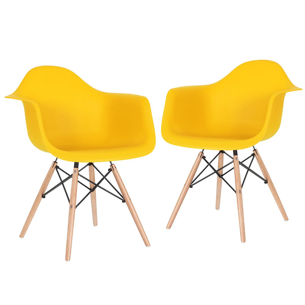 Kit - 2 X Cadeiras Charles Eames Eiffel Daw Com Braços - Base De Madeira Clara - Amarelo