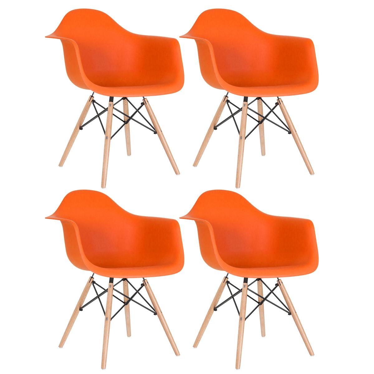 Kit - 4 X Cadeiras Charles Eames Eiffel Daw Com Braços - Base De Madeira Clara - Laranja