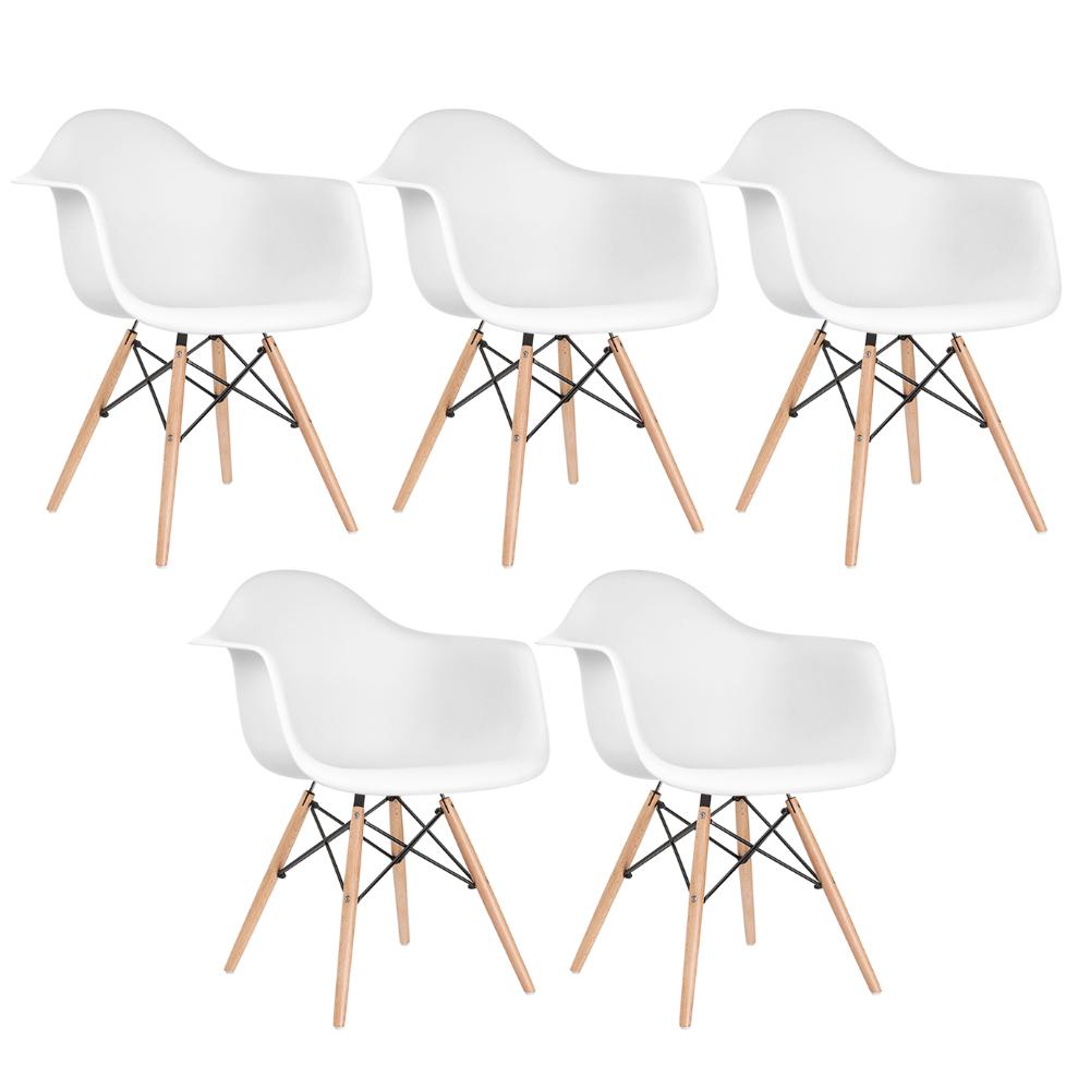 Kit - 5 X Cadeiras Charles Eames Eiffel Daw Com Braços - Base De Madeira Clara - Branco