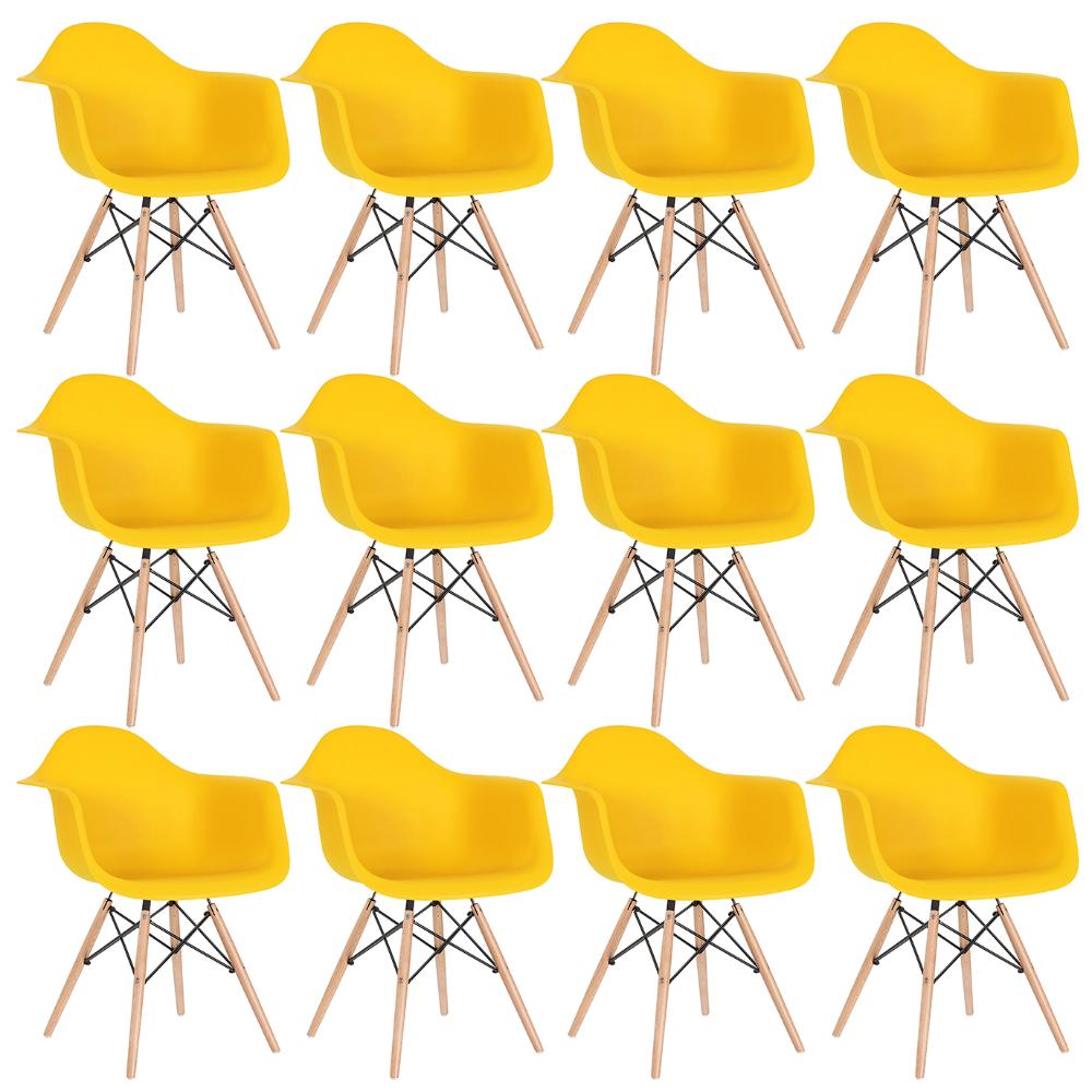 Kit - 12 X Cadeiras Charles Eames Eiffel Daw Com Braços - Base De Madeira Clara - Amarelo