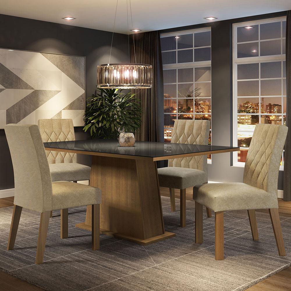 Conjunto Sala De Jantar Mesa Tampo De Vidro 4 Cadeiras Rustic/preto/imperial Aryeli Madesa