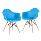 Kit - 2 X Cadeiras Charles Eames Eiffel Daw Com Braços - Base De Madeira Clara - Azul Céu