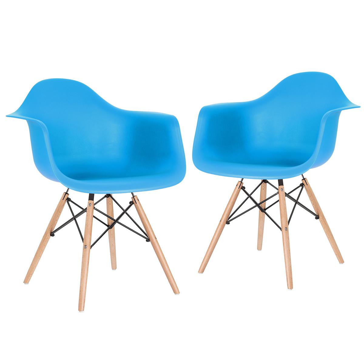 Kit - 2 X Cadeiras Charles Eames Eiffel Daw Com Braços - Base De Madeira Clara - Azul Céu