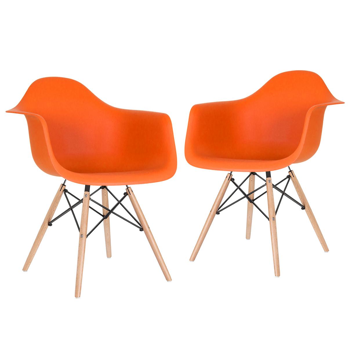 Kit - 2 X Cadeiras Charles Eames Eiffel Daw Com Braços - Base De Madeira Clara - Laranja