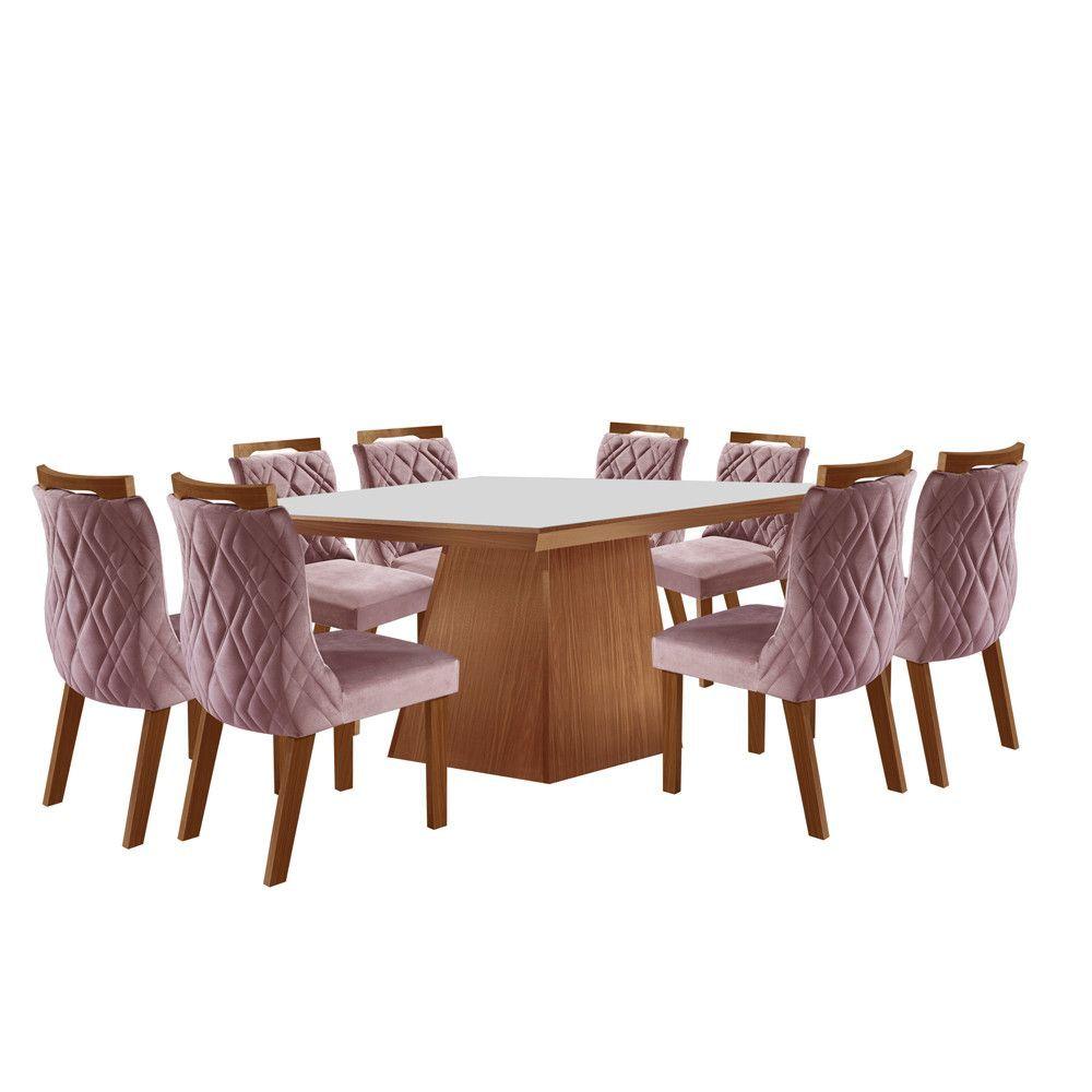 Conjunto De Jantar Perséfone C/ Mesa De Jantar 220cmx110cm C/ Tampo Laca e  Vidro Off White / Imbuia + 8 Cadeiras Estofadas Facto Bege / Imbuia -  attraktiva