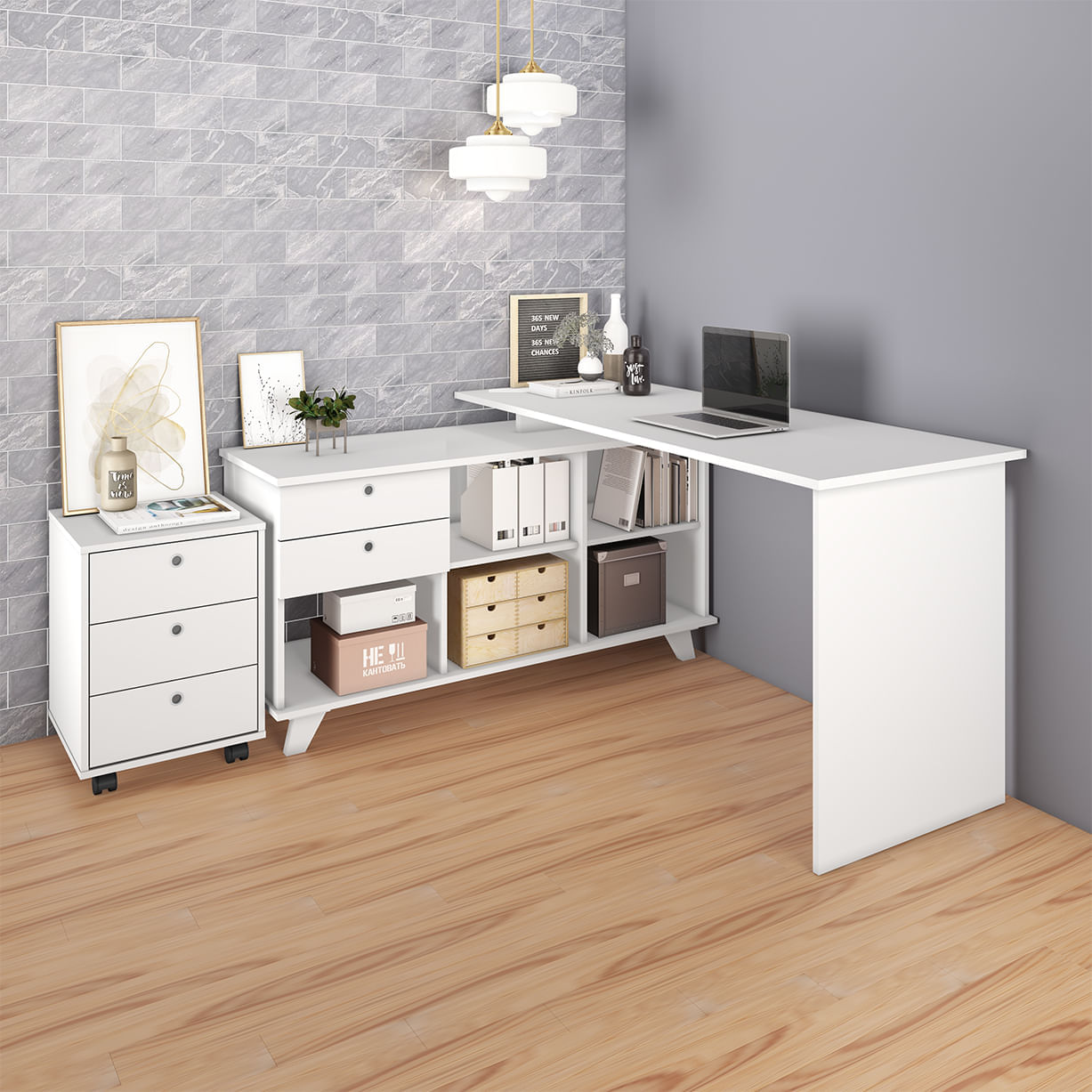 Conjunto Escrivaninha Em L Com 2 Gavetas Artany Gold E Gaveteiro Com 3 Gavetas New