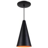 Pendente Cone Luminária Lustre Alumínio Preto Textura C/ Laranja - Rei Da Iluminação