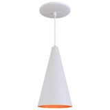 Pendente Cone Luminária Lustre Alumínio Branco Textura C/ Laranja - Rei Da Iluminação