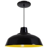 Pendente Retrô 34cm Luminária Lustre Alumínio Preto Brilhante C/ Amarelo - Rei Da Iluminação