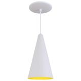 Pendente Cone Luminária Lustre Alumínio Branco Textura C/ Amarelo - Rei Da Iluminação