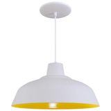 Pendente Retrô 34cm Luminária Lustre Alumínio Branco Textura C/ Amarelo - Rei Da Iluminação