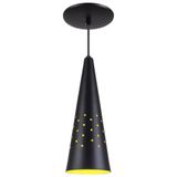 Pendente Cone Furado Luminária Lustre Alumínio Preto Textura C/ Amarelo - Rei Da Iluminação