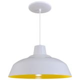 Pendente Retrô 34cm Luminária Lustre Alumínio Branco Brilhante C/ Amarelo - Rei Da Iluminação