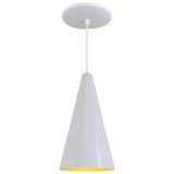 Pendente Cone Luminária Lustre Alumínio Branco Brilhante C/ Amarelo - Rei Da Iluminação