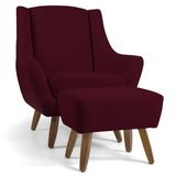 Poltrona Decorativa com Puff Sala de Estar Pés de Madeira Naomi Veludo Marsala Gran Belo