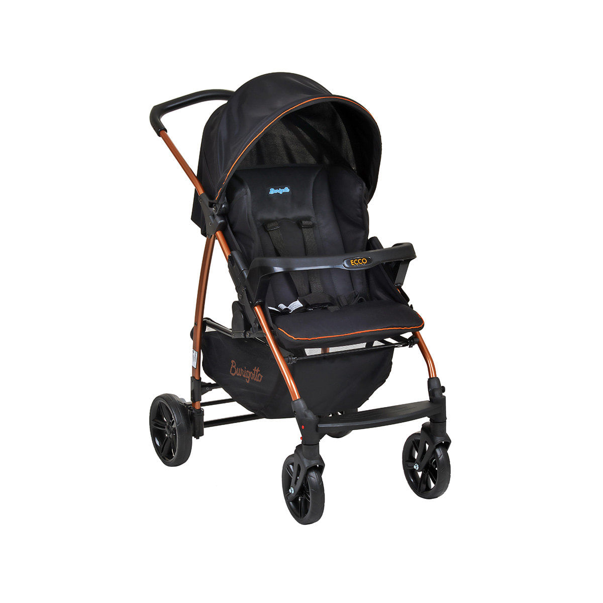 Carrinho de Bebê Passeio Burigotto 4 Rodas 4 Posições Suporta Crianças de Até 15Kg Carro Ecco Preto/Cobre