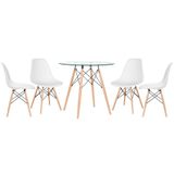 Kit - Mesa Redonda De Vidro Eames 80 Cm + 4 Cadeiras Eiffel Dsw Branco