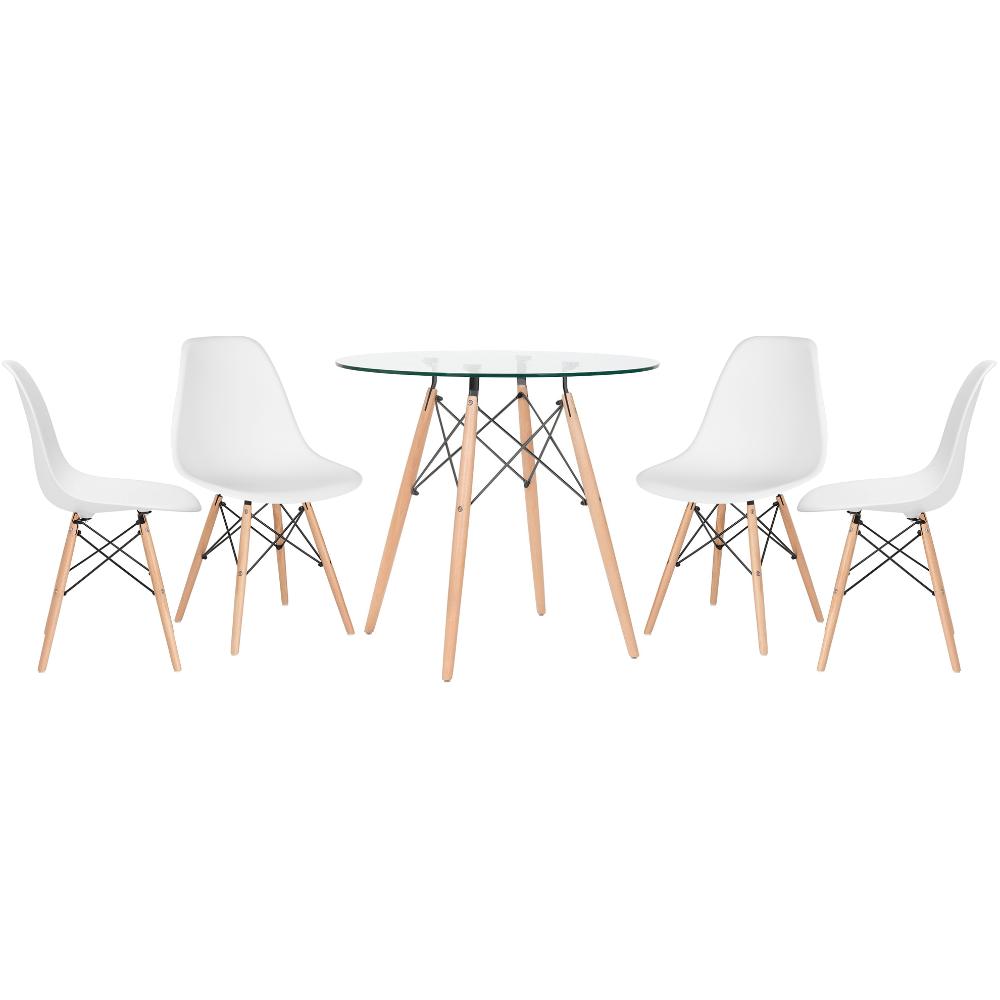 Kit - Mesa Redonda De Vidro Eames 80 Cm + 4 Cadeiras Eiffel Dsw Branco