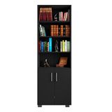 Estante De Livros Para Escritório Home Office Portas Pequenas Alf Preto Texturizado - Gran Belo