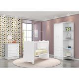 Quarto Infantil com Guarda Roupa 2 Portas 3 Gavetas com Cantoneira, Berço e Cômoda Doce Sonho Branco - Qmovi