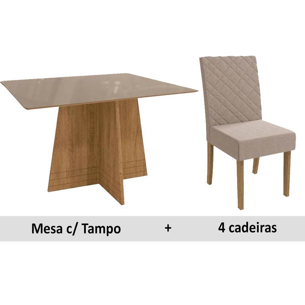 Sala De Jantar Kappesberg Lótus + 4 Cadeiras Freijó/Vidro Bronze/Linho Bege A019