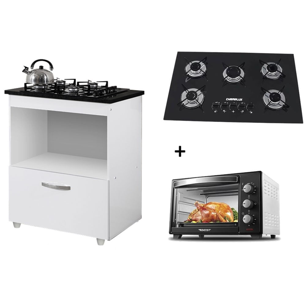 Kit Balcão Cooktop 1 Porta BR C/Forno Elétrico 48L 110V C/Fogão Cooktop 5 bocas