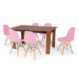 Conjunto Mesa De Jantar Retangular Pérola Cherry 150x80cm Com 6 Cadeiras Eames Eiffel - Rosa