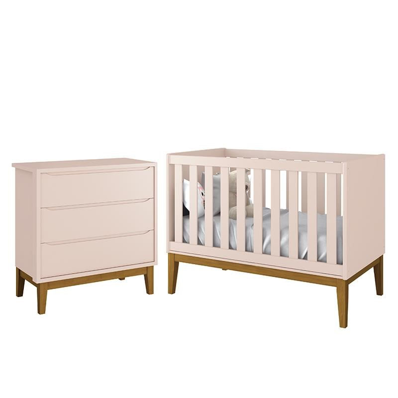 Jogo De Quarto Infantil Cômoda 3 Gavetas E Berço Classic Rosa Fosco Com Pés Amadeirado - Reller Móveis