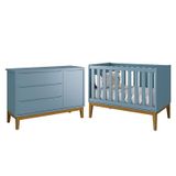 Jogo De Quarto Infantil Cômoda 1 Porta E Berço Classic Azul Fosco Com Pés Amadeirado - Reller Móveis