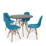 Conjunto Mesa Eiffel Preta 80cm + 4 Cadeiras Dkr Charles Eames Wood Estofada Botonê Turquesa