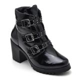 Bota Coturno Feminina Couro Cano Médio Verniz Estilo Moda Preto 33