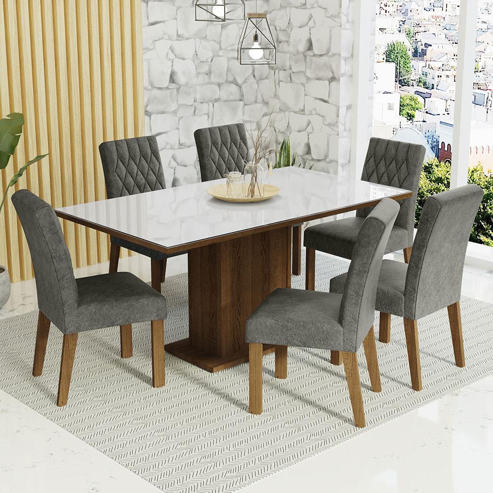 Conjunto Sala De Jantar Mesa Tampo De Vidro 6 Cadeiras Rustic/branco/silver Geórgia Madesa