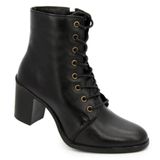 Bota Casual Couro Feminina Salto Grosso Cadarço Lisa Moda Preto 40