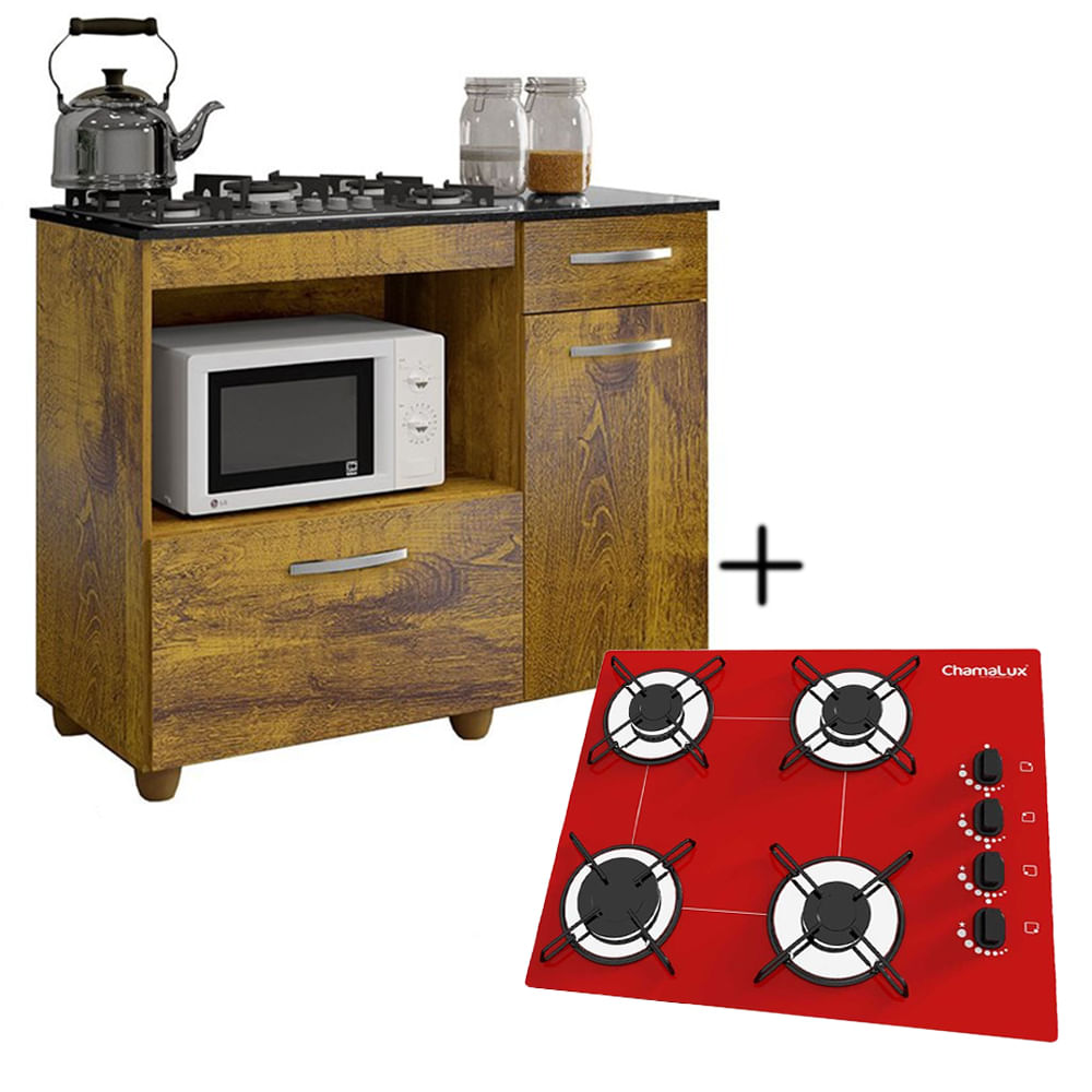 Kit Balcão Violeta Com Cooktop Veremelho 4 Bocas Bivolt