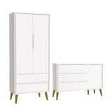 Jogo De Quarto Infantil Theo Retrô Guarda Roupa 2 Portas E Cômoda 1 Porta Branco Com Pés Amadeirado