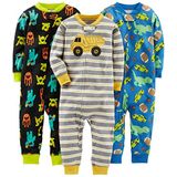 Alegrias Simples Por Carter&#39;s Toddler Boys&#39;s Snug Fit Footless Cotton Pijama, Pack Of 3, Blue/navy/grey, Trucks/dinosaur/monster, 4t