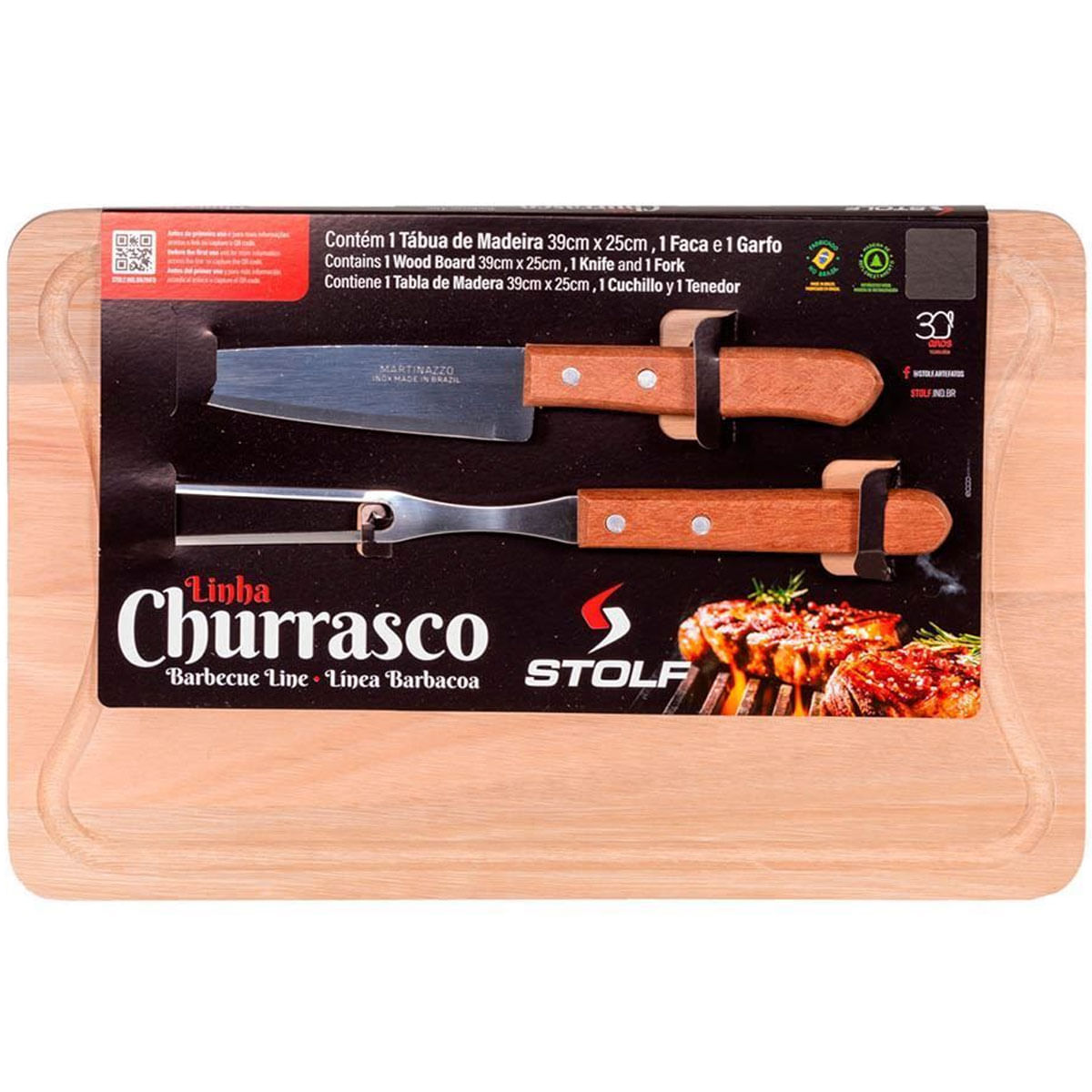 Tábua De Madeira Para Churrasco 39x25cm Com Garfo E Faca Em Aço Inox Stolf