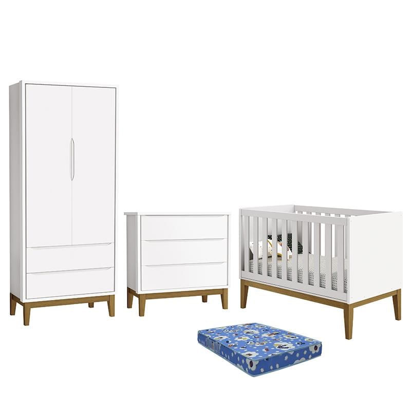 Dormitório Infantil Classic 2 Portas, Cômoda 3 Gavetas, Berço Branco Com Pés Amadeirado E Colchão -