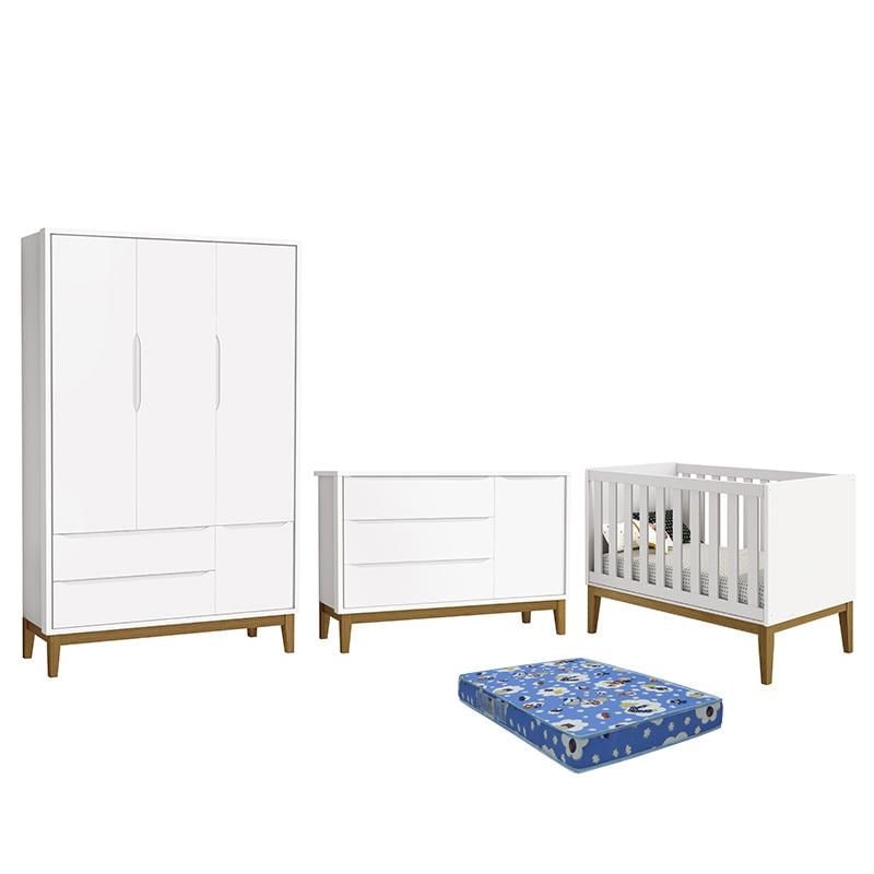 Dormitório Infantil Classic 3 Portas, Cômoda 1 Porta, Berço Branco Com Pés Amadeirado E Colchão - Re