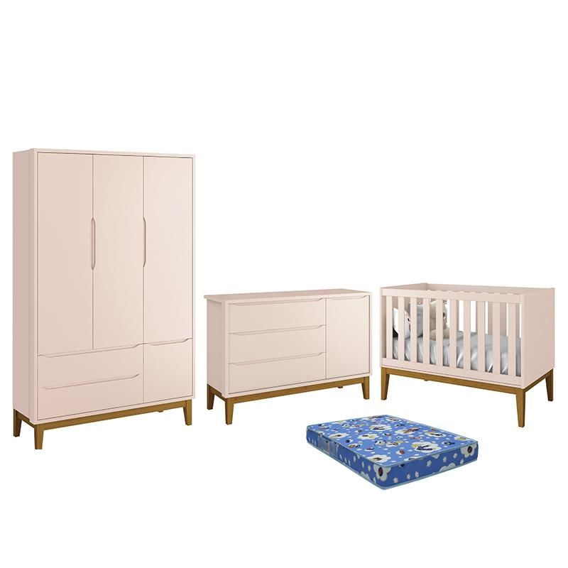 Dormitório Infantil Classic 3 Portas, Cômoda 1 Porta, Berço Rosa Com Pés Amadeirado E Colchão - Rell