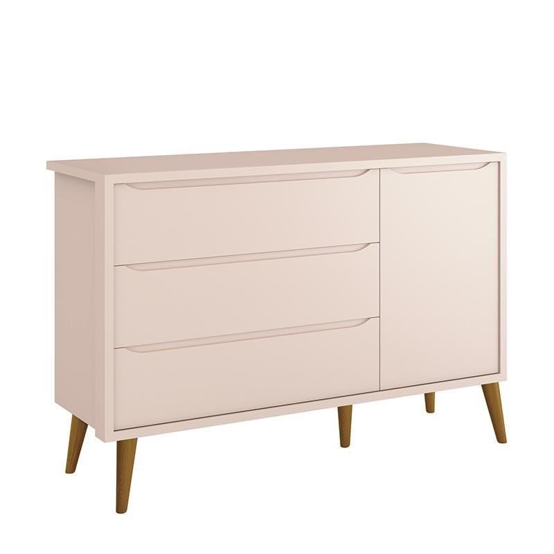 Cômoda Infantil 1 Porta E 3 Gavetas Theo Retrô Rosa Fosco Com Pés Amadeirado - Reller Móveis
