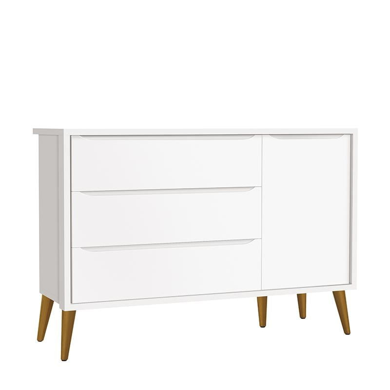 Cômoda Infantil 1 Porta E 3 Gavetas Theo Retrô Branco Fosco Com Pés Amadeirado - Reller Móveis