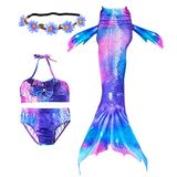 Newland 4 Pcs Girls Swimsuit Sereia Caudas Para Natação Princesa Biquíni Maiô Conjunto Roxo